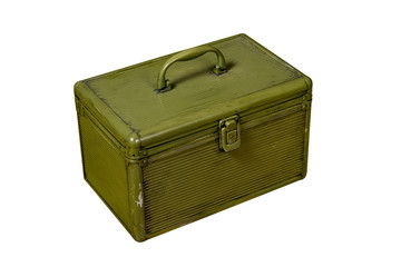 Old metal military box isolate on a white background. Green rusty drawer with handle and lock.
