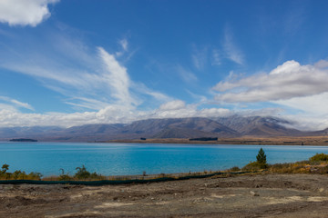 view of Tekapo lake on a sunny day, New Zealand