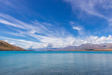 Obraz premium view of Tekapo lake on a sunny day, New Zealand