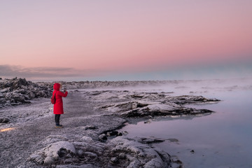 Beautiful landscape and sunset near Blue lagoon hot spring spa in Iceland