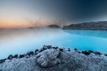 Beautiful landscape and sunset near Blue lagoon hot spring spa in Iceland - obrazy, fototapety, plakaty