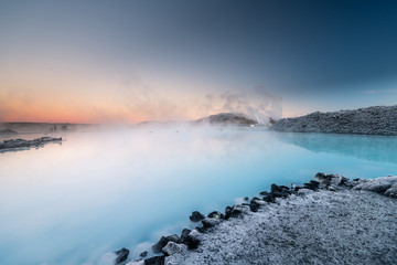 Beautiful landscape and sunset near Blue lagoon hot spring spa in Iceland - obrazy, fototapety, plakaty