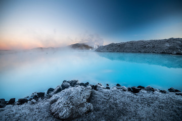 Beautiful landscape and sunset near Blue lagoon hot spring spa in Iceland