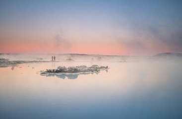 Obraz na płótnie Canvas Beautiful landscape and sunset near Blue lagoon hot spring spa in Iceland