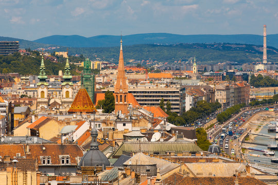 Budapest skyline with churches and medieval houses 