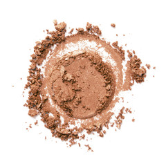 Bronzer or eyeshadow swatch. Crashed brown color shimmer face powder texture. Nude eye shadow smudge isolated on white background