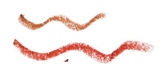 Lip liner stroke smudge smear texture isolated on white background. Red and brown cosmetic pencil...
