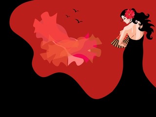 Flamenco dancer with fan in her hand, dressed in black dress, the hem of which turns into mountains. Red manton flies like a bird in sunset sky. Fairytale illustration, poster for the dance festival.
