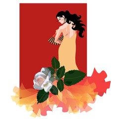 Young flamenco dancer with a fan in her hand, dressed in a golden dress with a lush hem, decorated with a beautiful white rose. Bride. Vertical invitation card, poster.
