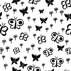 Seamless repeat pattern with simple fluttering butterfly and dragonfly black and white silhouettes