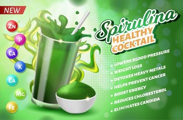 Realistic 3D Glass Spirulina Powder Cocktail Drink
