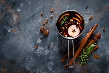 Christmas mulled wine with spices. Traditional winter festive drink at holiday, top view