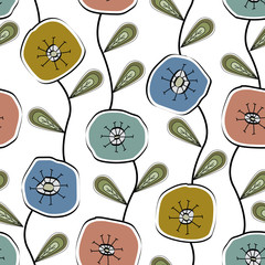 Vector Blue Green Yellow Flowers on White Background Seamless Repeat Pattern