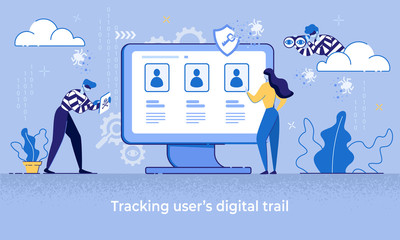Cartoon Woman Use Computer Man Thief Watching