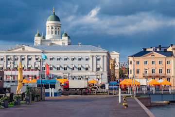 Helsinki. Finland. Market Square. Harbor in the city of Helsinki. Suurkirkko. Domes of St. Nicholas Cathedral. Sea cruise to Finland. Helsinki cityscape. Berth for ferries. Market in the capital