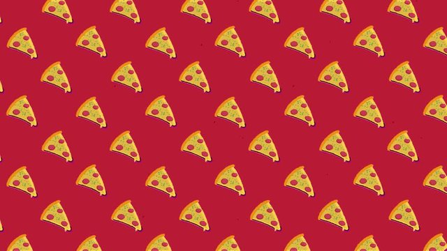 A nice colorful drawing animation: a repeated pattern made of pizza slices with salami topping, moving to the upper left angle, over a flat red background.
