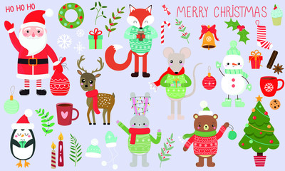 Vector graphics. Beautiful cartoon Christmas set. Christmas cute characters and attributes. Handwritten text. Christmas and New Year cute icons and template. 