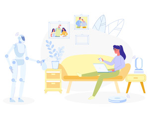 Woman Relaxing at Home Robot Doing Household Works