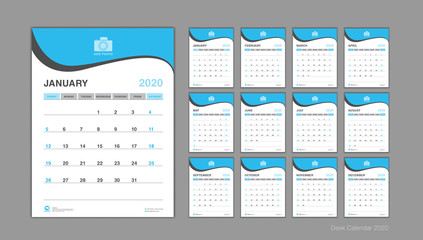 Calendar for 2020 Vector, Desk calendar 2020 template, Week Start On Sunday, Planner, Stationery, Printing, vertical artwork, blue background