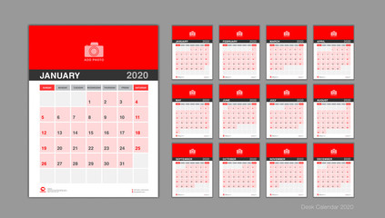Calendar for 2020 Vector, Desk calendar 2020 template, Week Start On Sunday, Planner, Stationery, Printing, vertical artwork, red background