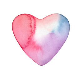 Watercolor illustration of cute heart shape. Handdrawn water color artistic drawing on white backdrop, cut out clipart element for creative design, sticker, print, greeting card, package decoration.
