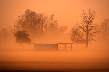 New South Wales outback shed during a dust storm in drought Australia