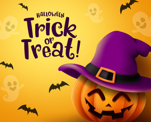 Halloween pumpkin vector background. Halloween trick or treat greeting text with pumpkin, hat and empty space for message in scary  bat and ghost yellow background. Vector illustration