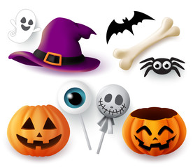 Halloween objects vector set. Halloween trick or treat elements and object of hat, pumpkins, spider, bone, bat, ghost, and eyeball lollipop isolated in white background. Vector illustration.