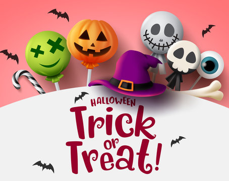 Halloween trick or treat with sweet candies vector background. Halloween trick or treat text in empty space for message with scary candy elements of lollipop, candy cane, bone and hat in white.