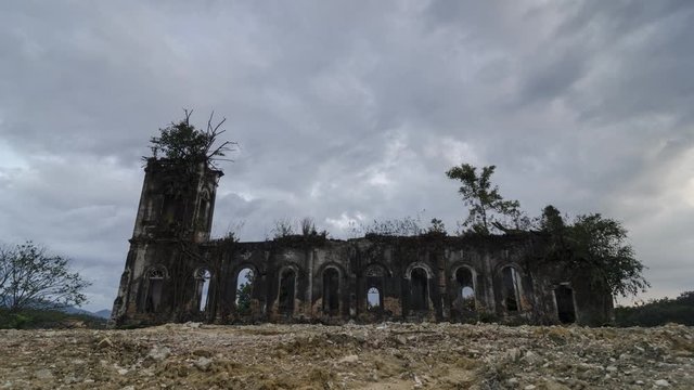 Timelapse cloudy day at broken church at Kullim. Exterior of the church still maintain although abandoned.