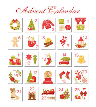 Advent calendar. Christmas holiday celebration cards for countdown. Cute vector illustration for Christmas gift. Cartoon style