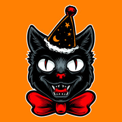scary cat wearing hat vector