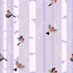 Seamless pattern birds bullfinches in the winter forest.