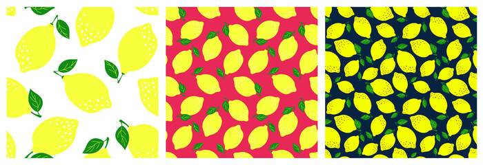 Lemon fruit seamless pattern set. Fashion clothing design. Food print for dress, skirt, linens or curtain. Hand drawn vector sketch background collection