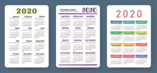 Calendar 2020. Colorful vector set. Pocket calender collection. Week starts on Sunday. Basic grid template for print