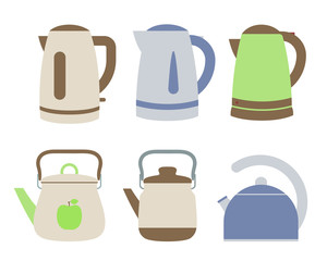 Electric and gas kettles. Flat style teapots. Cookware collection. Metal and plastic samples. Color illustration set. Vector icons. Mockup