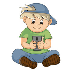 a boy sits while playing a cellphone. cartoon vector illustration