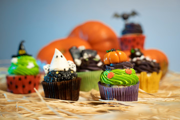 Halloween cupcakes squad, closeup studio shot. ghost and pumpkin in focus 