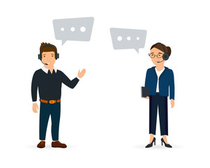 Working situation with staff of support service in flat style