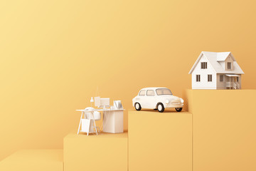 Thinking about home, car and work with another empty space on the yellow pedestal, the concept of life 3D rendering