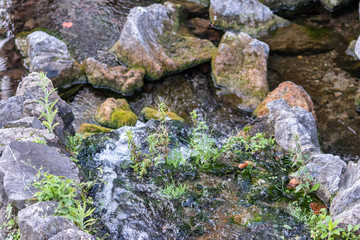Renaturierter Fluss oder renaturierter Bach fließt mäandrierend durch Felsen mit Stromschnellen und Kehrwasser zur Freude der Tiere und Pflanzen in der Natur