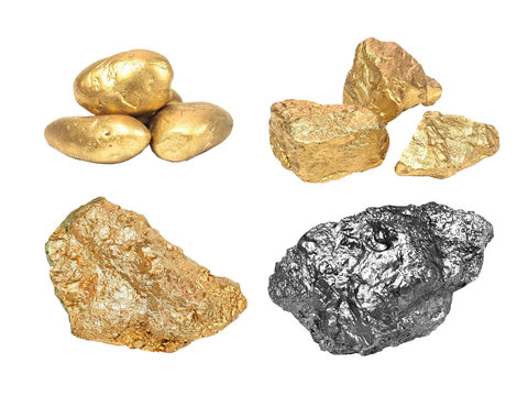 set of gold and silver nuggets on white background