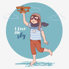 Little boy playing with toy airplane