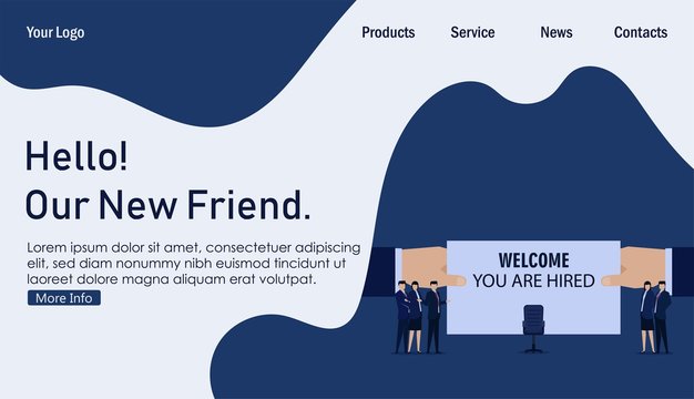 Business team welcoming new employee with chair on the middle. Business Landing Page Template.