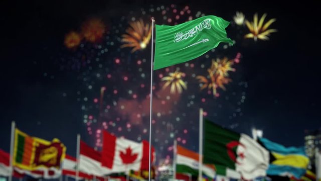 Saudi Arabia Flag With World Globe Flags Night Shot With Fireworks 
