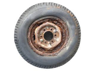 Old tires are not used. isolated on white background Rusting along the metal edge of the rubber