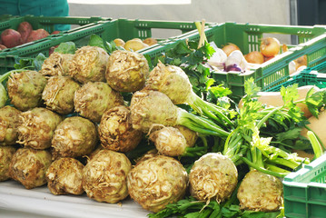 Many vegetables are sold in the morning market beside the Chapel Bridge in Lucerne, Switzerland.