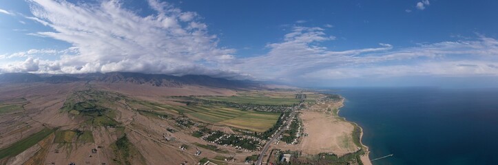 Aerial view of the saltwater lake Issyk-Kul in Kyrgyzstan