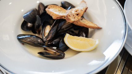 Steamed mussels in white wine sauce