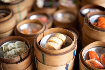 yumcha, dim sum in bamboo steamer, chinese cuisine